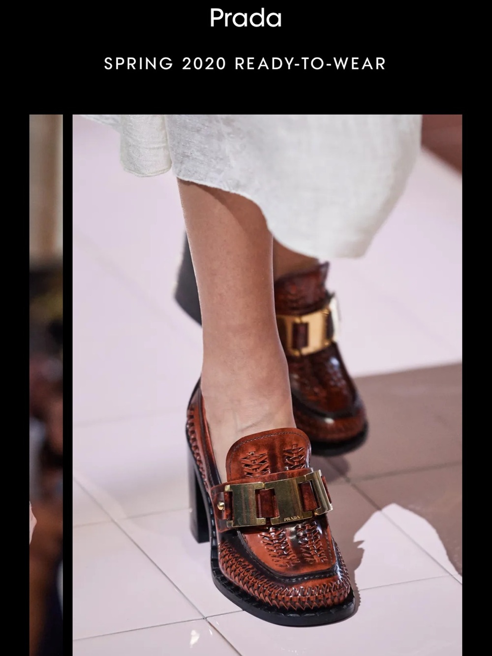 PRADA | Spring 2020 Runway Woven Leather
Block Heel Loafers Brown Gold Logo 40 - Picture 14 of 14
